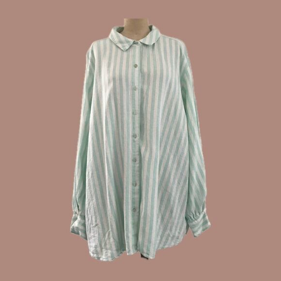 Lauren Conrad Blue Off White Striped Linen Long Sleeve Casual Top Shirt - 2X - Picture 1 of 7